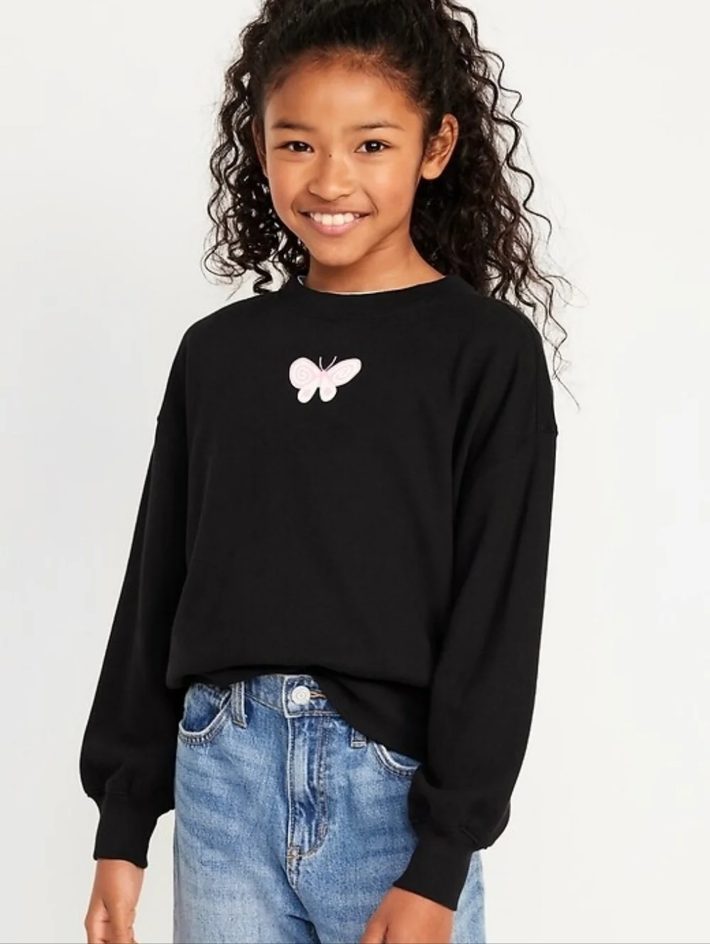 Old Navy Oversized Black Crew Neck with Butterfly Design Girls Size 10/12